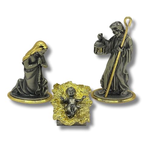 Metal Nativity 3-Piece Holy Family Gold Pewter 4.5in