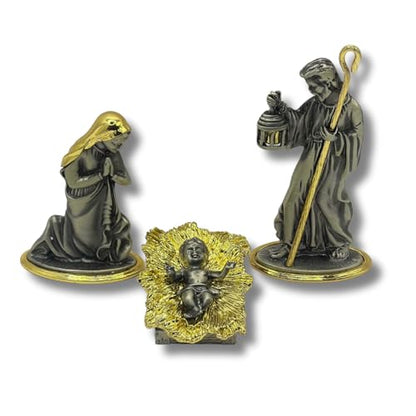 Metal Nativity 3-Piece Holy Family Gold Pewter 4.5in