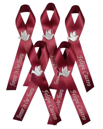 Personalized Memorial Service Funeral Ribbon Pins 20 Cross Religious Celebration of Life Custom Made Awareness Remembrance Anniversary Death Cross Sympathy Name Angel - color: Burgundy
