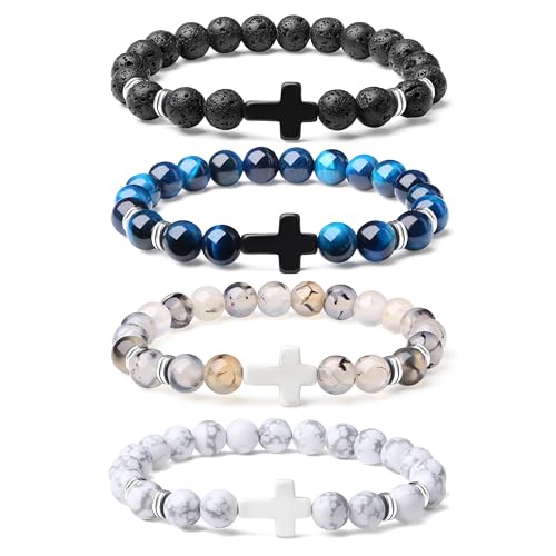 Mens Beaded Bracelets, 8MM Beaded Bracelets for Men, Natural Tiger Eye Bead Bracelet, Stretch Elastic Beads Bracelets for Men - color: White dragon blue volcanic