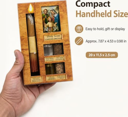 Zuluf Anointing Oil Gift Set Holy Icon Christian Keepsake from Jerusalem Bethlehem with Beeswax Candle, Holy Water, Blessed Earth, Olive Oil, Incense for Baptism, Christening, Godparent Faith Gift