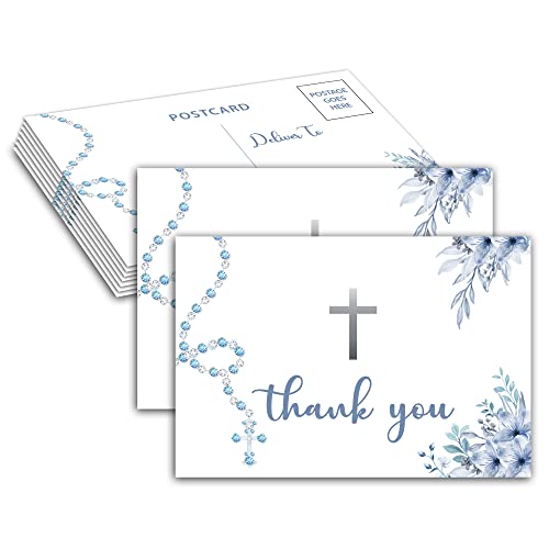 Baptism Thank You Post Cards, Boho Floral Baby Shower Thank You Card, Blue Rosary Flower 1st Communion Religious Christening Ceremony Celebration, Gender Reveal Party Decorations - A01(25 Pack) - style: Boho Floral