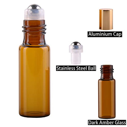 MaxMau 24 Pack 5ml Amber Glass Roller Bottles for Essential Oils,Roll on Bottle with Stainless Steel Roller Balls Golden Painted Caps for Daily Aromatherapy Sample Test Travel - color: 24 PACK Amber Roller Bottles