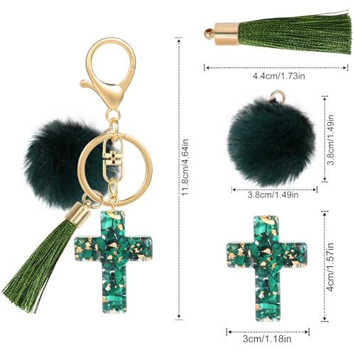 MWOOT 2PCS Cross Keychains for Women, Christian Keyring Tassels Plush, Resin Jesus Key Chain, Bag Charm Car Accessories - color: Red+green