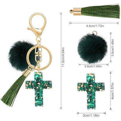 MWOOT 2PCS Cross Keychains for Women, Christian Keyring Tassels Plush, Resin Jesus Key Chain, Bag Charm Car Accessories - color: Red+green