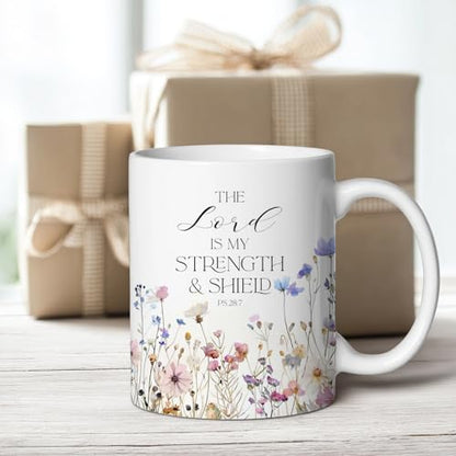 Christian Gifts for Women Ceramic Coffee Mug, Religious Gifts, Inspirational Scripture Coffee&Tea Mug, Bible Verse: The Loved is My Strength, Microwave and Dishwasher-safe (White-Little Flower)