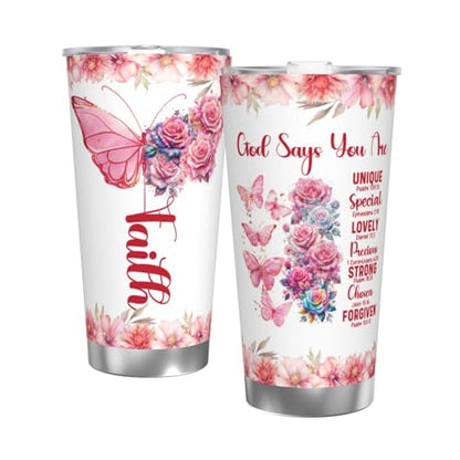 20 oz Religious Inspirational God Says You Are Tumbler with Lid, Faith Sign Sunflower Butterfly Stainless Steel Double Wall Cup for Hot Cold Coffee, Travel Mug Gifts for Women - color: Straw Three-piece Set 5