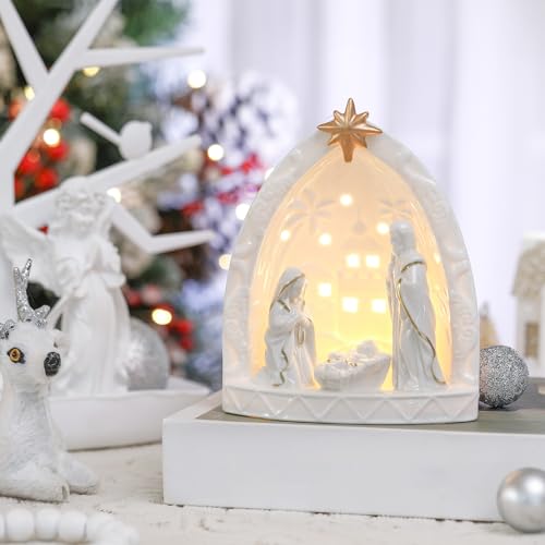 Cindeer Nativity Set for Christmas Indoor,Ceramic Nativity Scene with Light, Porcelain Statue Sculpted Hand Painted Figurine, Holy Family Manger Scene Tabletop Decor Gift(Classic) - style: Classic