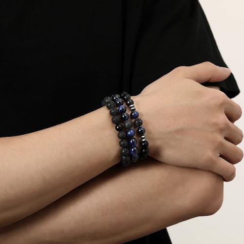 Mens Beaded Bracelets, 8MM Beaded Bracelets for Men, Natural Tiger Eye Bead Bracelet, Stretch Elastic Beads Bracelets for Men - color: 3 lapis lazuli volcanic black
