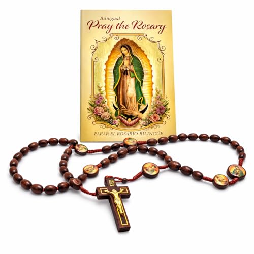 Our Lady of Guadalupe Bilingual Rosary Wood Bead Cord English Spanish Guide