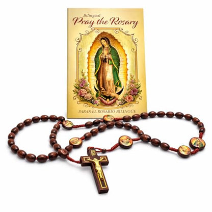 Our Lady of Guadalupe Bilingual Rosary Wood Bead Cord English Spanish Guide