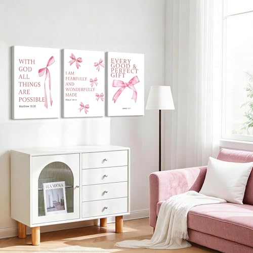 NCCXNCC 3Pcs Coquette Pink College Style Bow Canvas Wall Art 12x16 Inch - color: Bible Pink Bow, size: 16×24inch