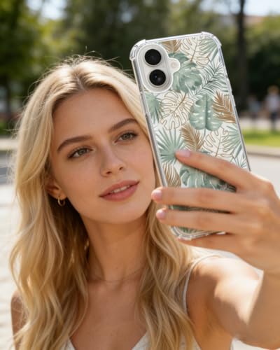 Tropical Monstera Leaves Phone Case Compatible with iPhone 17, Minimalist Aesthetic Gold and Green Palm Leaf Phone Cover for iPhone 17 - color: Tropical Leaf
