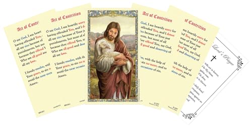 Act of Contrition Prayer Card - The Lord's Prayer Card - Set of 5 Laminated Double Sided Holy Cards - Jesus Christ the Good Shepherd Cards - 6 Items Total