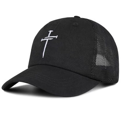 Christian Gifts for Men Women, Religious Cross Logo Embroidered Low Profile Unisex Dad Hat - color: Mesh-black