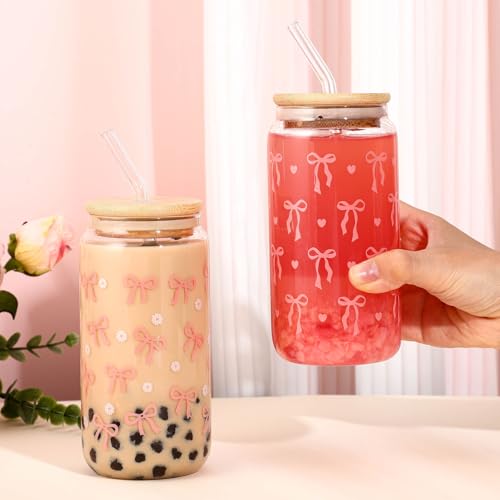 2 Pcs Cute Pink Bow Glass Cups with Lid and Straws Preppy Stuff For Girls - style: Pink Bow