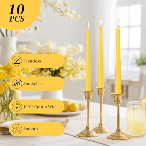 KONNI 0.87×10 Inch Yellow Taper Candles, Unscented and Smokeless Tall Candlesticks, 10 Pack Tapered Candles with Cotton Wicks, Long Burning, Ideal for Weddings, Dinner Parties, and Home Décor - color: Yellow