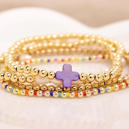 Gold Pearl Beaded Cross Bracelets Stack Set for Women, Boho Handmade Colorful Small Beads Stretchable Jewelry Friendship Summer Trendy Gift. - color: purple