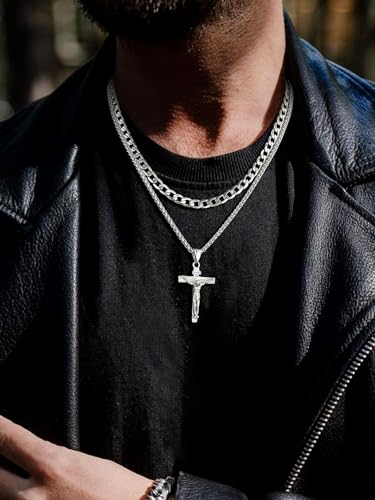 FaithHeart Cross Necklace for Men, Silver/Black/Gold Crucifix Necklace Stainless Steel Pendant with Cuban Chain Jesus Cross Necklaces Religious Gifts for Men - color: 02. INRI Cross-Silver, size: Chain Length 18in/20in