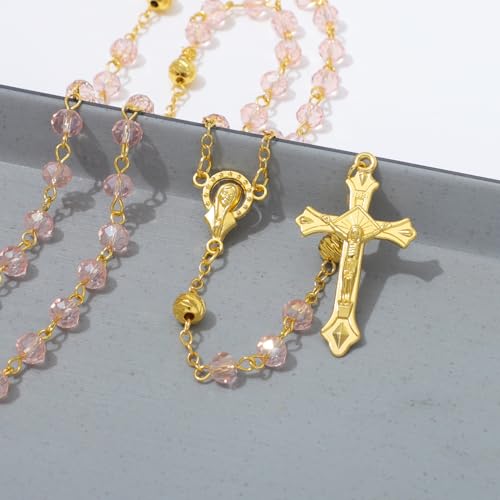 KOMI Crystal Rosary Beads with Jesus Crucifix, Catholic Necklace for Women First Communion Rosarios Wedding Rosary with Velvet Bag - style: 6MM-Pink-2