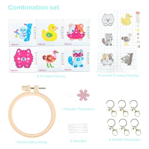 57lilina Easy Embroidery Kit for Kids Beginners, 6 Set Cute Stamped Pattern - color: Duck+Raccoon+Ostrich+Guinea Pig+Sloth+Samoyed