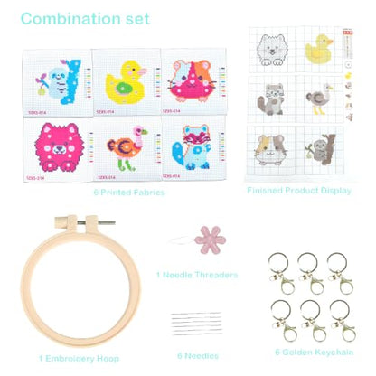 57lilina Easy Embroidery Kit for Kids Beginners, 6 Set Cute Stamped Pattern - color: Duck+Raccoon+Ostrich+Guinea Pig+Sloth+Samoyed