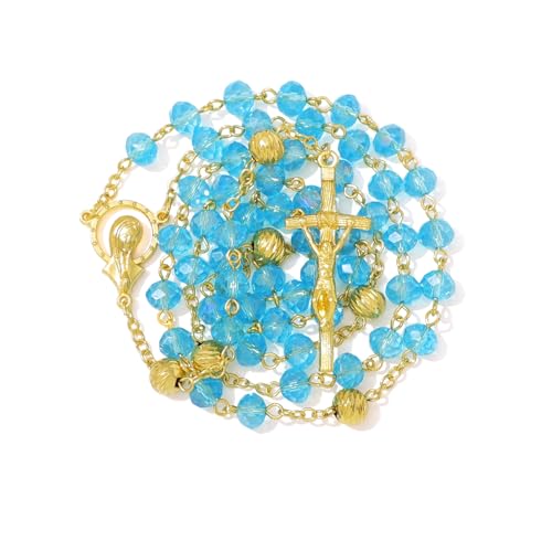 KOMI Crystal Rosary Beads with Jesus Crucifix, Catholic Necklace for Women First Communion Rosarios Wedding Rosary with Velvet Bag - style: 8MM-blue