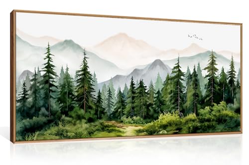 Green Forest Mountain Range Framed Canvas Wall Art -20''x40'' - color: Green Forest Wall Art, size: 20"L x 40"W