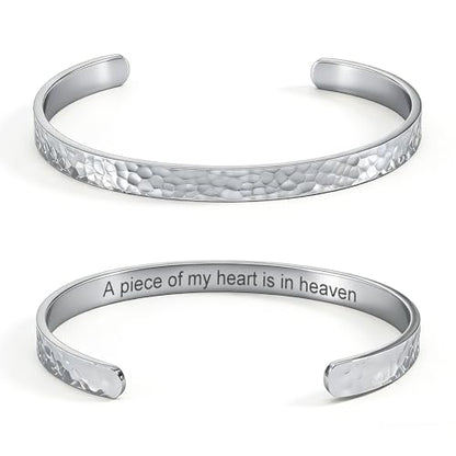 Inspirational Bible Verse Cuff Bracelet for Women, 18K Gold Plated Hammered Bangle, Christian Faith Jewelry Gift, Adjustable Non Tarnish - color: A piece of my heart is in heaven-Hammered Silver