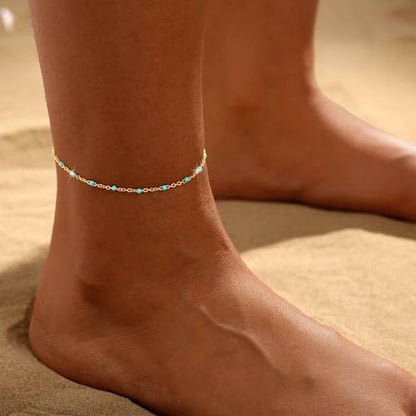 Ankle Bracelets for Women Waterproof Non Tarnish Anklet - style: Blue Beads-GD