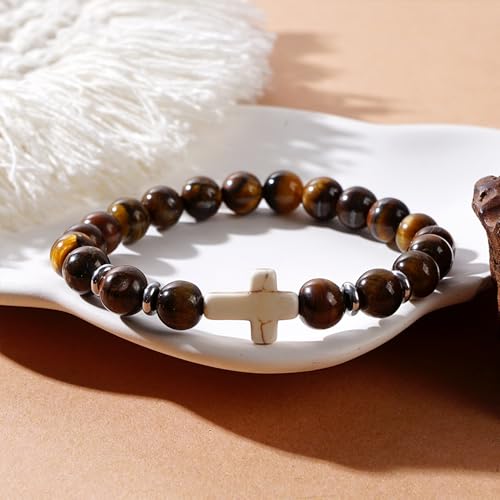 Cross Birthstone Gemstone Beaded Stretch Protection Bracelet for Man Woman, Handmade Healing Stone Chakra Beads Elastic Bracelets Accessories Fashion Jewelry Gift. - color: Cross Tiger Eye Bead