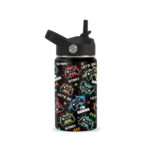 Game Water Bottle 12oz - Game Controller Stainless Steel Water Bottle with Straw - Funny Gamer Insulated Cup for Boys - Gaming Kids Tumbler for School, Sports, Travel - color: Game01, size: 12 Ounces