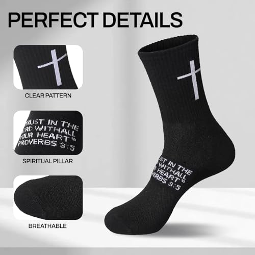 6 Pairs Christian Cross Socks Prayer Stockings with Bible Verse for Church & Daily Wear Christian Gift for Christmas - color: Proverbs 3:5 - Black