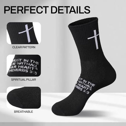 6 Pairs Christian Cross Socks Prayer Stockings with Bible Verse for Church & Daily Wear Christian Gift for Christmas - color: Proverbs 3:5 - Black