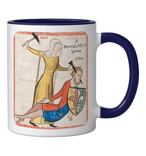 Proverbs 31 29 31 Woman Medieval Christian Art Design Ceramic Mug, Dark Blue/White, 11oz - color: Dark Blue/White, size: 11 Ounces