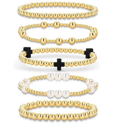 Gold Beaded Pearl Cross Bracelets Stackable Christian Stretch Jewelry Set - color: Black