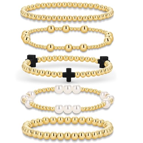 Gold Beaded Pearl Cross Bracelets Stackable Christian Stretch Jewelry Set - color: Black
