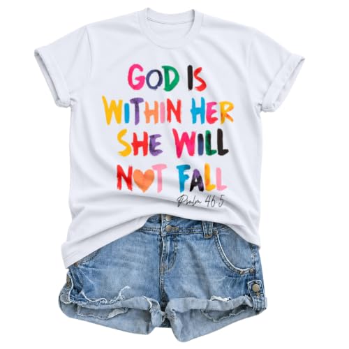 Sulayesh Christian Shirts for Women Jesus God is Within Her Tshirt Faith Inspirational Bible Verse Religious Graphic Tee Tops - color: White, size: Small