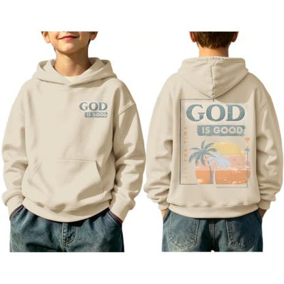 Fkatuzi Christian Graphic Hoodies For Boys Jesus God Is Good Hoodie Kids Faith Verse Bible God Religious Beach Pullover Tops - color: Apricot, size: 5-6 Years