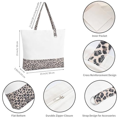 6-Pack Canvas Tote Bags with Zipper, Large Grocery Tote, Leopard Print - color: Leopard Print/White