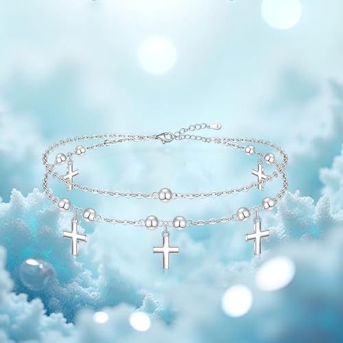 Cross Anklets for Women Cross Anklet Sterling Silver Beaded Multilayer Ankle Bracelets Dainty Layering Adjustable Chain Charm Jewelry Mothers Day Gifts