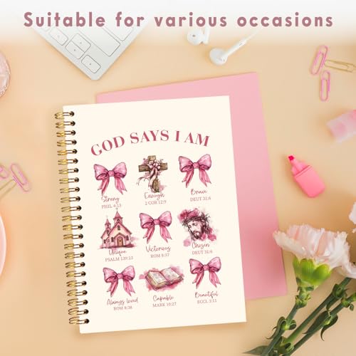 Lacama Christian Gifts for Women Bible Notebook Journal, Pink God Says I am Inspirational Spiral Notebook, Coquette Bow Notebook Journals, Bible Notebooks for Note Taking, School Office Supplies - color: God Says I Am-2