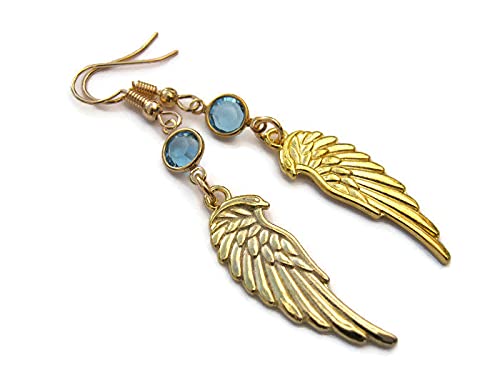 Gold Angel Wing Birthstone Earrings, Golden Tone Personalized Memorial Earrings, Angels Feather Jewelry