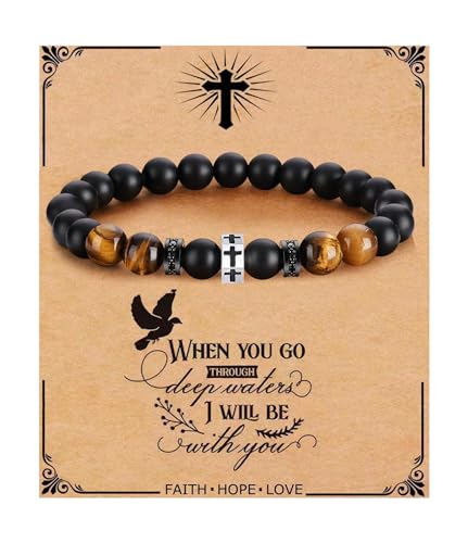 QWNHONEY Cross Bracelet for Men Son Brother Boyfriend Father Dad Husband Father's Day Birthday Christian Religious Faith Graduation Anniversary Christmas Jewelry Gift for Man - style: When You Go Though Deep Waters I Will Be With You