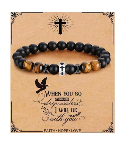 QWNHONEY Cross Bracelet for Men Son Brother Boyfriend Father Dad Husband Father's Day Birthday Christian Religious Faith Graduation Anniversary Christmas Jewelry Gift for Man - style: When You Go Though Deep Waters I Will Be With You