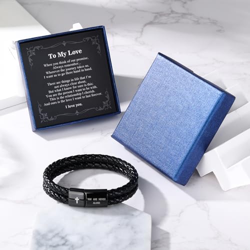 Christian Bracelet for Men, Bible Verse Leather Cross Gift for Men - color: A-To My Boyfriend-You Are Never Alone-Love You Forever