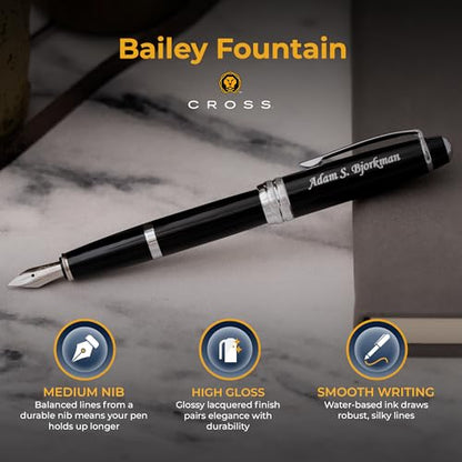 Cross Bailey Personalized Fountain Pen in Black Lacquer with Silver Trim - color: Black