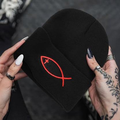 Christian Jesus Fish Beanie Hat for Men Women, Cuffed Beanie Jesus Hats, Religious Gifts for Christmas, New Years - color: Black, style: Cross Fish