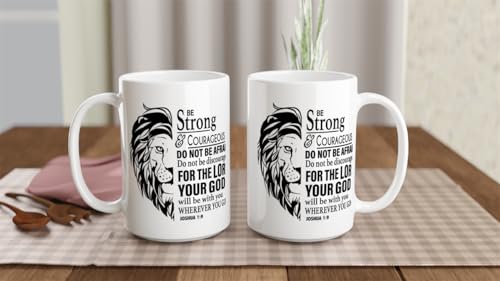 Christian Gifts Lion Ceramic Coffee Mug. Microwave and Dishwasher-safe Inspirational Scripture Coffee and Tea Mug for Men and Women with Bible Verse: Strong & Courageous – Joshua 1:9-15oz - size: 15 Ounces
