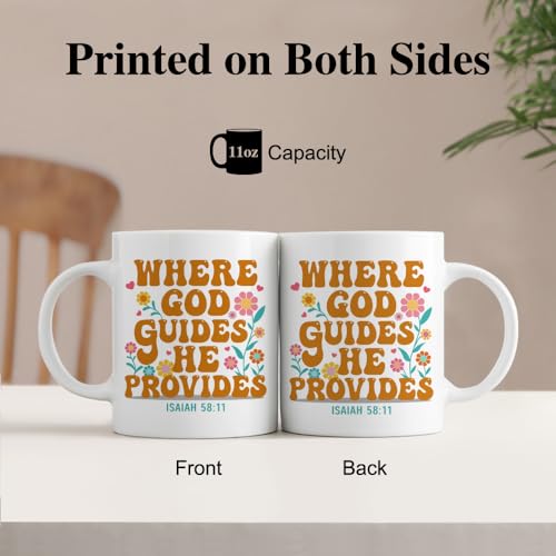 Where God Guides He Provides 11oz Double-Sided Ceramic Mug, Funny Christian Mugs for Women Men, Christmas Birthday Thanksgiving Bible Verse Coffee Cup, Religion Christian Gifts for Family Friend - color: White50